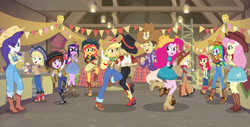 Size: 4343x2199 | Tagged: safe, artist:sapphiregamgee, derpibooru import, apple bloom, applejack, fluttershy, pinkie pie, rainbow dash, rarity, sci-twi, sunset shimmer, twilight sparkle, equestria girls, equestria girls series, five to nine, boots, chaps, clothes, cody martin, cowboy boots, cowboy hat, cowgirl, cowgirl outfit, crossover, dancing, dice, equestria girls-ified, farmer pinkie, freddy benson, gibby, hat, high heel boots, humane five, humane seven, humane six, overalls, poncho, shoes, skirt, stetson, the suite life of zack and cody, vest, western, zack martin