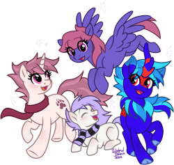 Size: 1377x1305 | Tagged: safe, artist:wishfuldorian, derpibooru import, oc, oc only, oc:fluffy shadow, oc:mockery, oc:trixie cutiepox, oc:white squirrel, earth pony, kirin, pegasus, pony, unicorn, blue fur, blue hair, blushing, clothes, cloven hooves, colt, crouching, digital art, earth pony oc, eyes closed, female, flying, foal, group, horn, kirin oc, looking back, male, mane, mare, open mouth, open smile, pegasus oc, pink eyes, pink hair, purple fur, purple hair, red eyes, scarf, simple background, smiling, spread wings, striped scarf, tail, transparent background, two toned mane, two toned tail, unicorn oc, white fur, wings