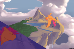 Size: 2000x1333 | Tagged: safe, artist:flashnoteart, derpibooru import, scootaloo, pegasus, pony, bed, blanket, cloud, dream, eyes closed, fantasy, floating island, flying, mountain, pillow, scenery, sky, sleeping, solo, water, waterfall