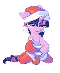 Size: 1158x1413 | Tagged: safe, artist:blue ink, derpibooru import, twilight sparkle, unicorn twilight, pony, unicorn, bedroom eyes, chest fluff, christmas, clothes, female, gloves, hat, holiday, kneeling, long gloves, looking at you, mare, santa hat, simple background, solo, stockings, thigh highs, white background