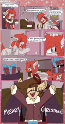 Size: 1799x3430 | Tagged: safe, artist:kirbirb, derpibooru import, oc, oc only, oc:scarlett lane, oc:snaggletooth, pegasus, pony, bed, bow, box, chat bubble, chest fluff, christmas, clothes, comic, duo, fireplace, hair bow, hat, holiday, male, pony in a box, present, santa hat, scarf, striped scarf