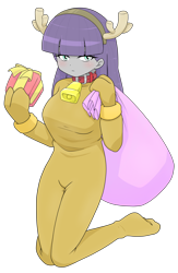 Size: 1668x2565 | Tagged: safe, alternate version, artist:batipin, derpibooru import, limestone pie, maud pie, human, equestria girls, antlers, bell, bell collar, bodysuit, breasts, christmas, clothes, collar, costume, female, gloves, holiday, maud pies, present, reindeer antlers, simple background, solo, transparent background