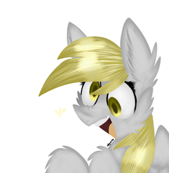 Size: 1503x1535 | Tagged: safe, artist:4agonism, derpibooru import, derpy hooves, pegasus, pony, bust, cheek fluff, cute, derp, derpabetes, ear fluff, ears, heart, leg fluff, open mouth, open smile, raised hooves, simple background, smiling, spread wings, white background, wings