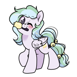 Size: 1300x1300 | Tagged: safe, artist:paperbagpony, derpibooru import, oc, oc only, oc:river chime, pegasus, 2023 community collab, bell, derpibooru community collaboration, one eye closed, pegasus oc, simple background, solo, transparent background, wink