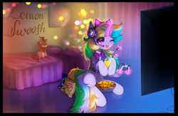 Size: 1280x833 | Tagged: safe, artist:astralblues, derpibooru import, autumn blaze, oc, kirin, pony, unicorn, bed, christmas, christmas tree, controller, headphones, holiday, horn, plushie, television, tree, unicorn oc