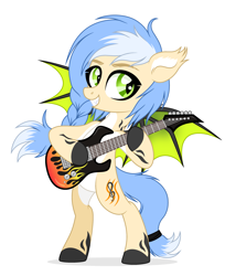 Size: 2725x3340 | Tagged: safe, artist:dianamur, artist:rioshi, artist:starshade, derpibooru import, oc, oc only, oc:reka wave, bat pony, pony, 2022, base used, bat pony oc, bat wings, blue hair, cute, cutie mark, fangs, female, green eyes, guitar, mare, musical instrument, simple background, smiling, solo, white background, wings