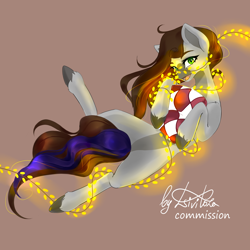 Size: 3900x3900 | Tagged: safe, artist:livitoza, derpibooru import, oc, oc only, oc:cj vampire, earth pony, pony, christmas, christmas lights, commission, fanart, floating, holiday, lights, looking at you, pillow, smiling, smiling at you, solo, ych result