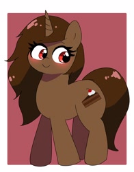 Size: 1722x2191 | Tagged: safe, artist:leo19969525, derpibooru import, oc, oc only, oc:squeebot, pony, unicorn, blushing, brown hair, brown mane, hair, horn, mane, red eyes, simple background, smiling, solo, tail