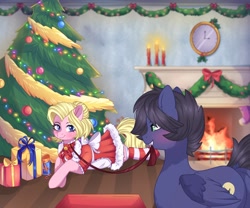 Size: 2048x1706 | Tagged: safe, artist:freyamilk, derpibooru import, oc, oc only, oc:fenris ebonyglow, oc:kara waypoint, earth pony, pegasus, pony, bell, christmas, clothes, collar, dress, female, holiday, leash, male, mare, present, stallion, tree, under the tree