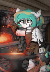 Size: 2170x3157 | Tagged: safe, artist:rokosmith26, derpibooru import, oc, oc only, oc:rokosmith, hybrid, pegasus, zebra, anvil, bipedal, black eye, blacksmith, blue mane, brown eye, clothes, coat markings, complex background, detailed background, ears, female, fire, floppy ears, focus, focused, forge, furnace, gloves, glowing, hairband, hammer, heterochromia, high res, iron, leather, mare, pegasus oc, ponytail, rope, shading, solo, sparks, standing, steel, sweat, sweatdrop, tools, tribal, tribal markings, two toned mane, weapon, wings, zebra oc