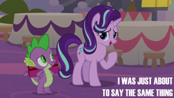 Size: 2000x1125 | Tagged: safe, derpibooru import, edit, edited screencap, editor:quoterific, screencap, spike, starlight glimmer, dragon, pony, unicorn, season 9, the last problem, spoiler:s09, present, winged spike, wings