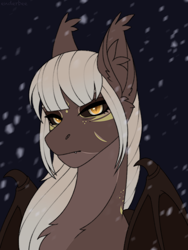 Size: 1620x2160 | Tagged: safe, artist:enderbee, derpibooru import, oc, oc only, bat pony, bust, chest fluff, colored, commission, ear fluff, ears, fangs, female, flat colors, mare, portrait, simple background, sketch, snow