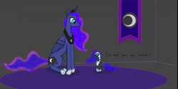 Size: 1651x828 | Tagged: safe, artist:nismorose, derpibooru import, nightmare moon, princess luna, alicorn, g4, armor, blue eyes, canterlot castle, carpet, chest fluff, confused, crown, cutie mark, daughter, ear fluff, ears, ethereal mane, ethereal tail, female, filly, flag, foal, horn, indoors, jewelry, mare, mom, moon, nightmare woon, no mouth, questioning, regalia, shocked, slit eyes, starry mane, starry tail, tail, wavy mane, wavy tail, wings