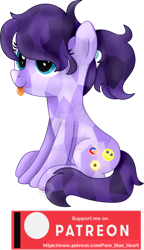 Size: 400x694 | Tagged: safe, artist:pure-blue-heart, derpibooru import, oc, oc:magnetic hug, crystal pony, earth pony, :p, deviantart watermark, female, mare, obtrusive watermark, patreon, patreon logo, patreon reward, ponytail, purple mane, simple background, sitting, tongue, tongue out, transparent background, watermark