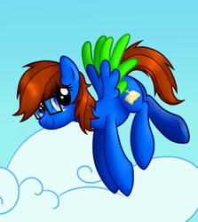 Size: 843x944 | Tagged: safe, artist:charbycharby, derpibooru import, oc, oc:bluebook, pegasus, blue eyes, cloud, colored wings, female, glasses, mare, pegasus oc, two toned mane, wings