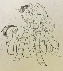 Size: 2268x2558 | Tagged: safe, artist:tulidewo, derpibooru import, doctor whooves, clothes, fifth doctor, scarf, shared clothing, shared scarf, striped scarf, the master, traditional art