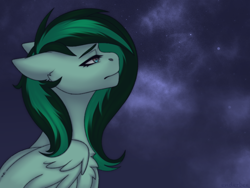 Size: 2160x1620 | Tagged: safe, artist:enderbee, derpibooru import, oc, oc only, oc:eden shallowleaf, pegasus, pony, bust, chest fluff, commission, ear fluff, ears, female, mare, multicolored hair, portrait, sky, stars, wings, ych result