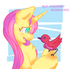 Size: 830x787 | Tagged: safe, alternate version, artist:flower-black, derpibooru import, fluttershy, bird, pony, unicorn, comic:friendship reimagined, race swap, unicorn fluttershy