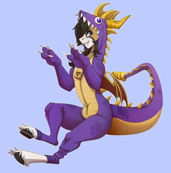 Size: 1280x1293 | Tagged: safe, artist:1an1, derpibooru import, oc, oc only, blue background, clothes, costume, grin, kigurumi, simple background, smiling, spyro the dragon (series), zipper