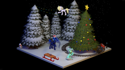 Size: 3840x2160 | Tagged: safe, artist:botxs, derpibooru import, derpy hooves, lyra heartstrings, princess luna, alicorn, pegasus, pony, unicorn, 3d, christmas, christmas tree, diorama, engineer, holiday, present, railroad, source filmmaker, train, tree