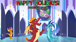 Size: 2063x1161 | Tagged: safe, artist:drakizora, artist:melisareb, artist:memnoch, artist:not-yet-a-brony, derpibooru import, garble, princess ember, smolder, spike, dragon, 2022, brother and sister, christmas, crystal empire, december, embarrassed, ember is not amused, female, friendship, happy holidays, hearth's warming, holiday, laughing, male, mistletoe, prank, shipper on deck, siblings, song reference, unamused, youtube link in the description