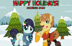 Size: 2064x1321 | Tagged: safe, anonymous artist, artist:cloudyglow, artist:jhayarr23, derpibooru import, coloratura, feather bangs, earth pony, 2022, christmas, clothes, colorabangs, december, duet, female, friendship, happy holidays, hearth's warming, holiday, kiss mark, lipstick, lyrics in the description, male, mare, mistleholly, scarf, shipping, singing, smiling, snow, snowfall, stallion, straight, tree, youtube link in the description
