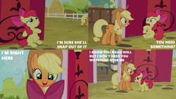 Size: 2000x1125 | Tagged: safe, derpibooru import, edit, edited screencap, editor:quoterific, screencap, apple bloom, applejack, somepony to watch over me