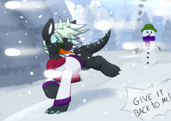 Size: 4092x2893 | Tagged: safe, artist:monycaalot, derpibooru import, oc, oc only, oc:jade oni, earth pony, pony, running, snow, snowball, solo