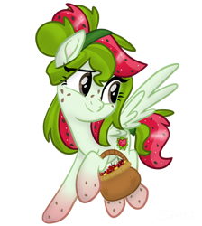 Size: 3662x4096 | Tagged: safe, artist:sjart117, derpibooru import, oc, oc only, oc:watermelana, pegasus, pony, basket, cherry, female, flying, food, freckles, fruit, gradient hooves, mare, movie accurate, pegasus oc, simple background, transparent background, wings