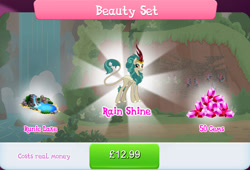 Size: 1267x860 | Tagged: safe, derpibooru import, rain shine, kirin, bundle, bush, cloven hooves, costs real money, english, female, gameloft, gem, horn, lake, mobile game, my little pony: magic princess, numbers, official, runes, sale, solo, solo focus, text, water, waterfall