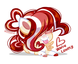 Size: 1280x1051 | Tagged: safe, artist:conflei, derpibooru import, oc, oc only, pegasus, pony, :p, chibi, colored hooves, eyelashes, eyes closed, female, heart, lying down, mare, pegasus oc, prone, solo, tongue, tongue out, wings