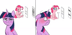 Size: 1983x974 | Tagged: safe, artist:draw3, derpibooru import, pinkie pie, twilight sparkle, twilight sparkle (alicorn), alicorn, earth pony, pony, angry, comic, double slit experiment, frown, looking back, observer effect, physics, quantum physics, smiling, unamused