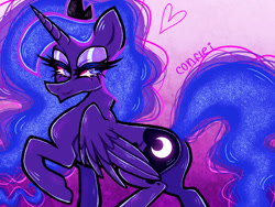 Size: 1280x960 | Tagged: safe, artist:conflei, derpibooru import, princess luna, alicorn, pony, bedroom eyes, eyelashes, female, gradient background, makeup, mare, raised hoof, raised leg, solo