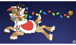 Size: 1598x952 | Tagged: safe, artist:greenarsonist, derpibooru import, oc, oc only, oc:olive (reindeer), deer, christmas, christmas lights, clothes, coat, coat markings, cute, deer oc, female, flying, grin, holiday, mouth hold, multicolored hair, night, non-pony oc, reindeer oc, secret santa, smiling, solo, stars, unshorn fetlocks