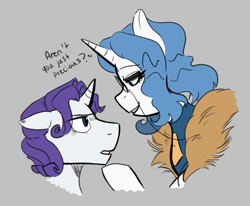 Size: 835x687 | Tagged: safe, artist:dsstoner, elusive, fancy skirt, fancypants, rarity, pony, unicorn, aggie.io, clothes, dialogue, eye contact, female, frown, fur coat, gray background, looking at each other, male, mare, monocle, rule 63, simple background, smiling, stallion, talking