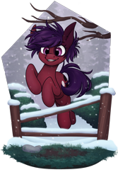 Size: 3000x4500 | Tagged: safe, artist:zahsart, derpibooru import, oc, oc only, oc:mony caalot, earth pony, pony, fence, jumping, simple background, snow, snowfall, solo, transparent background, tree, tree branch