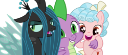 Size: 1006x435 | Tagged: safe, artist:earlpeterg, edit, editor:undeadponysoldier, cozy glow, queen chrysalis, spike, changeling, pegasus, pony, changelingfilly, cozybetes, cute, daaaaaaaaaaaw, freckles, group hug, happy, hug, male, one of these things is not like the others, queen chrysalis is not amused, spikabetes, unamused, vector, vector edit