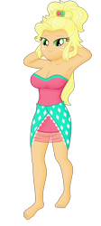 Size: 1700x3800 | Tagged: safe, derpibooru import, edit, editor:ah96, applejack, human, equestria girls, alternate hairstyle, applejewel, applerack, arm behind head, bare shoulders, barefoot, breast edit, breasts, cleavage, clothes, dress, feet, female, ms paint, simple background, sleeveless, solo, strapless, transparent background