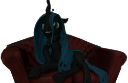 Size: 3299x2147 | Tagged: source needed, safe, derpibooru import, queen chrysalis, changeling, 3d, female, gmod, looking at you, simple background, smiling, smiling at you, sofa, solo, transparent background