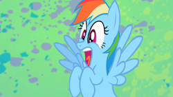 Size: 1280x720 | Tagged: safe, derpibooru import, screencap, rainbow dash, pegasus, may the best pet win, cute, dashabetes, female, open mouth, screaming, shocked, solo