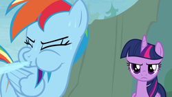 Size: 1280x720 | Tagged: safe, derpibooru import, screencap, rainbow dash, twilight sparkle, twilight sparkle (alicorn), alicorn, pegasus, rainbow falls, cute, eyes closed, spit take, spitting, twilight sparkle is not amused, unamused, water