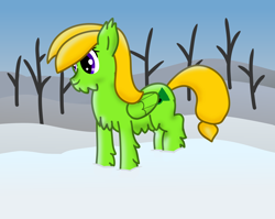 Size: 2560x2040 | Tagged: safe, artist:trixiecutiepox, derpibooru import, oc, oc only, oc:candy meow, pegasus, pony, chest fluff, day, dead tree, digital art, ear fluff, ears, female, fluffy, folded wings, green fur, high res, mare, pegasus oc, purple eyes, sky, smiling, snow, snowpony (species), solo, standing, taiga pony, tree, wings, yakutian horse, yellow hair