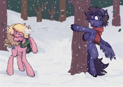 Size: 800x571 | Tagged: artist needed, safe, derpibooru import, oc, oc only, oc:fenris ebonyglow, oc:kara waypoint, earth pony, pegasus, pony, clothes, earth pony oc, forest, pegasus oc, scarf, snow, snowball, snowball fight, striped scarf