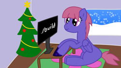 Size: 2560x1440 | Tagged: safe, artist:trixiecutiepox, derpibooru import, oc, oc only, oc:fluffy shadow, pegasus, pony, christmas, christmas tree, computer, desk, digital art, female, folded wings, holiday, inside, keyboard, mare, monitor, pegasus oc, pink eyes, pink hair, purple fur, rug, sitting, smiling, snow, snowfall, snowflake, solo, tree, typing, window, wings