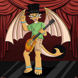Size: 468x468 | Tagged: safe, artist:darkest-lunar-flower, derpibooru import, oc, oc only, oc:myoozik the dragon, dragon, anklet, bracelet, brown eyes, clothes, commission, curtains, dragon oc, glasses, green shirt, guitar, hat, jewelry, male, musical instrument, necklace, non-pony oc, pants, playing guitar, playing instrument, shorts, signature, solo, spread wings, standing, tail, toe ring, top hat, watermark, wings