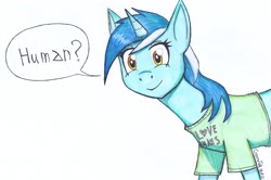 Size: 1533x1020 | Tagged: safe, artist:strategeak, derpibooru import, lyra heartstrings, pony, unicorn, clothes, female, implied human, mare, shirt, simple background, solo, t-shirt, that pony sure does love humans, white background