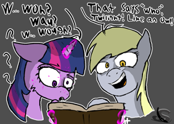 Size: 1169x835 | Tagged: safe, artist:steelstroke, derpibooru import, derpy hooves, twilight sparkle, twilight sparkle (alicorn), alicorn, pegasus, pony, brainwashed, derp, dumb, duo, illiteracy, intelligence loss, reading