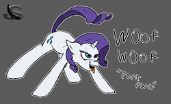 Size: 1600x981 | Tagged: safe, artist:steelstroke, derpibooru import, rarity, dog, pony, unicorn, behaving like a dog, brainwashed, female, mare, mind control, open mouth, panting, raised tail, solo, tail, tail wag, tongue, tongue out, woof