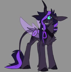 Size: 770x775 | Tagged: safe, artist:rockin_candies, derpibooru import, oc, oc only, changeling, hybrid, pony, chest fluff, fangs, female, glowing, glowing eyes, gray background, horn, leonine tail, magical lesbian spawn, offspring, parent:queen chrysalis, parent:twilight sparkle, simple background, smiling, solo, tail, wings