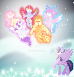 Size: 873x915 | Tagged: safe, artist:hate-love12, derpibooru import, applejack, fluttershy, pinkie pie, rainbow dash, rarity, twilight sparkle, twilight sparkle (alicorn), alicorn, pony, alicornified, applecorn, deviantart watermark, fluttercorn, glowing, glowing eyes, mane six alicorns, obtrusive watermark, pinkiecorn, race swap, rainbowcorn, raricorn, watermark, xk-class end-of-the-world scenario